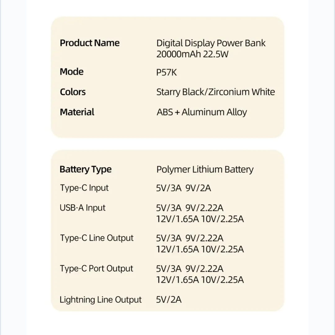 پاوربانک اوی مدل p57k ظرفیت 20000میلی امپر ساعت